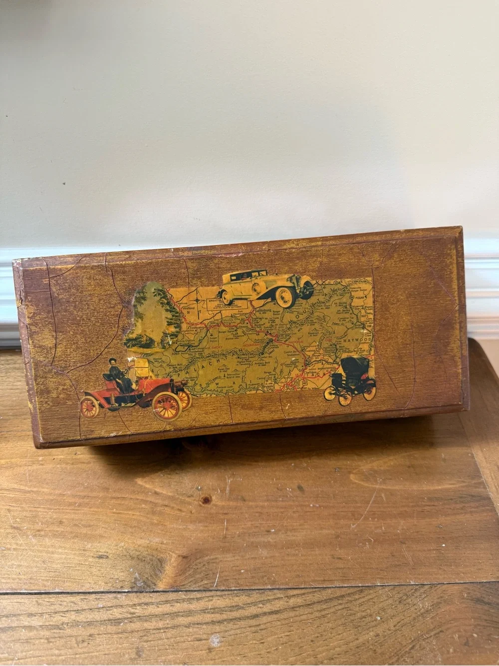 Vintage 1950s Decoupage Decorative Wooden Box with Car and Map motif